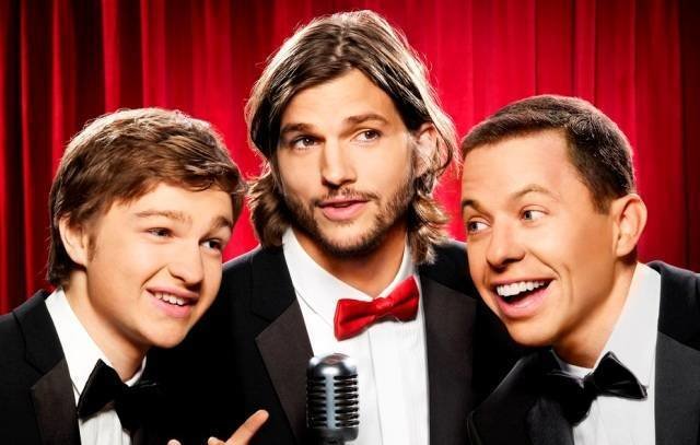 Men men men men, manly men men men! (l-r) Angus T. Jones, Ashton Kutcher and Jon Cryer star in TWO AND A HALF MEN on the CBS Television Network.
Photo: Matt Hoyle/CBS / Warner Brothers
©2011 CBS BROADCASTING INC. All Rights Reserved.